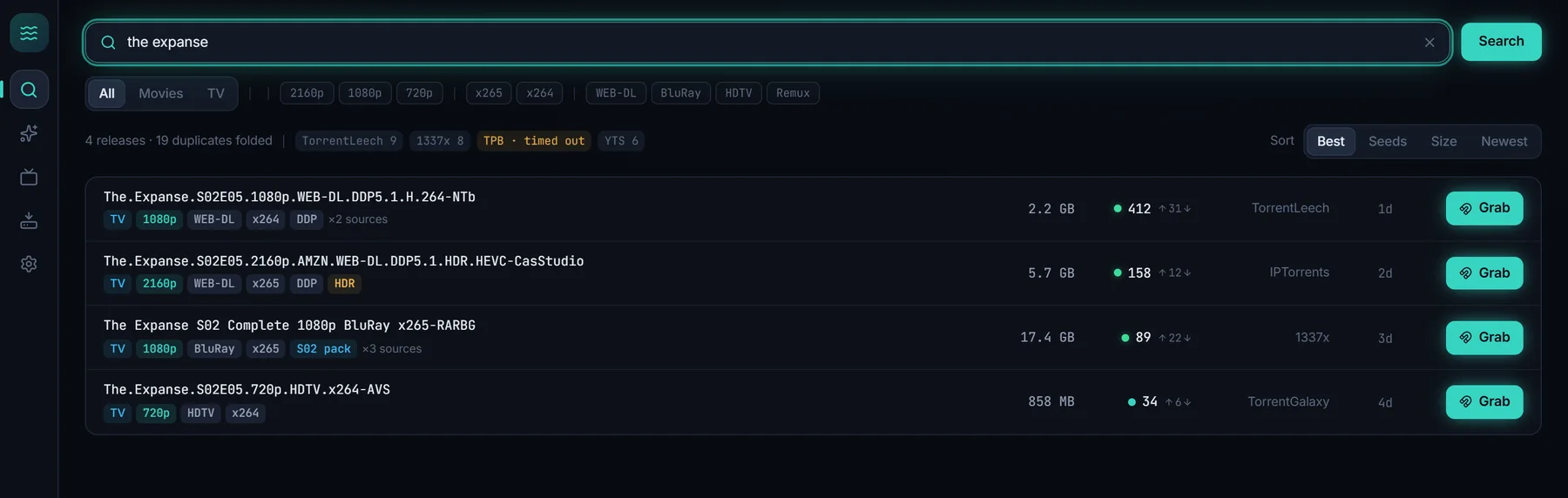 Trawler search results with quality badges, seeder health and per-indexer timing chips